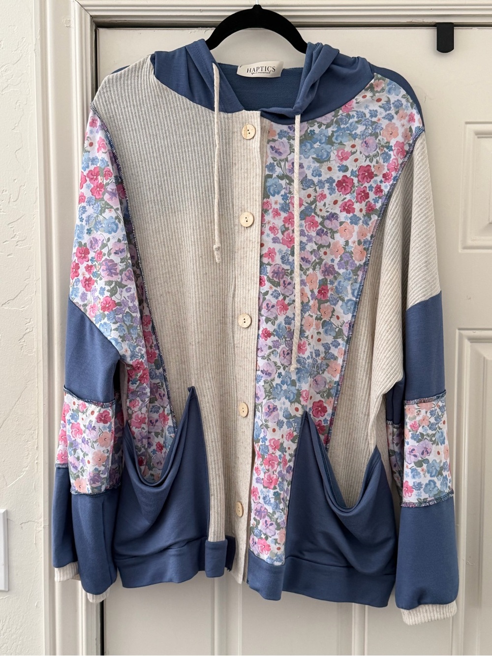 Haptics Floral Panel Button-Up Lightweight Hoodie - 2X